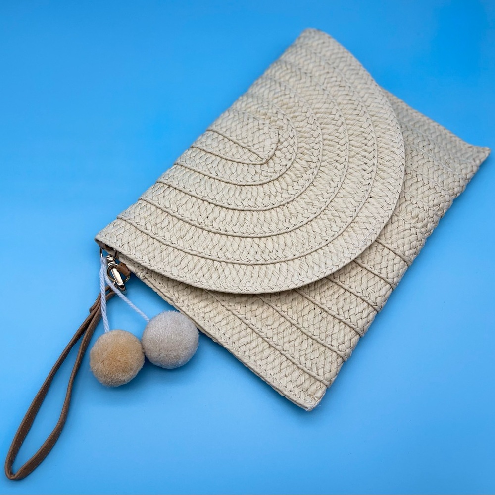 Handwoven Straw Wrist Bag, Leather Handle Clutch, Beach Crossbody Handbag- Cream